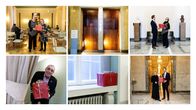 Kuvakombo, jossa eri ihmiset pitelevät punaista joululahja pakettia eduskuntatalon tiloissa.