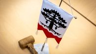 Petäjäveden kunnan viiri. Taustalla puheenjohtajan nuija.