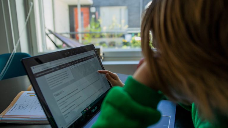 Skolelev i grön huvtröja sitter vid en dator.