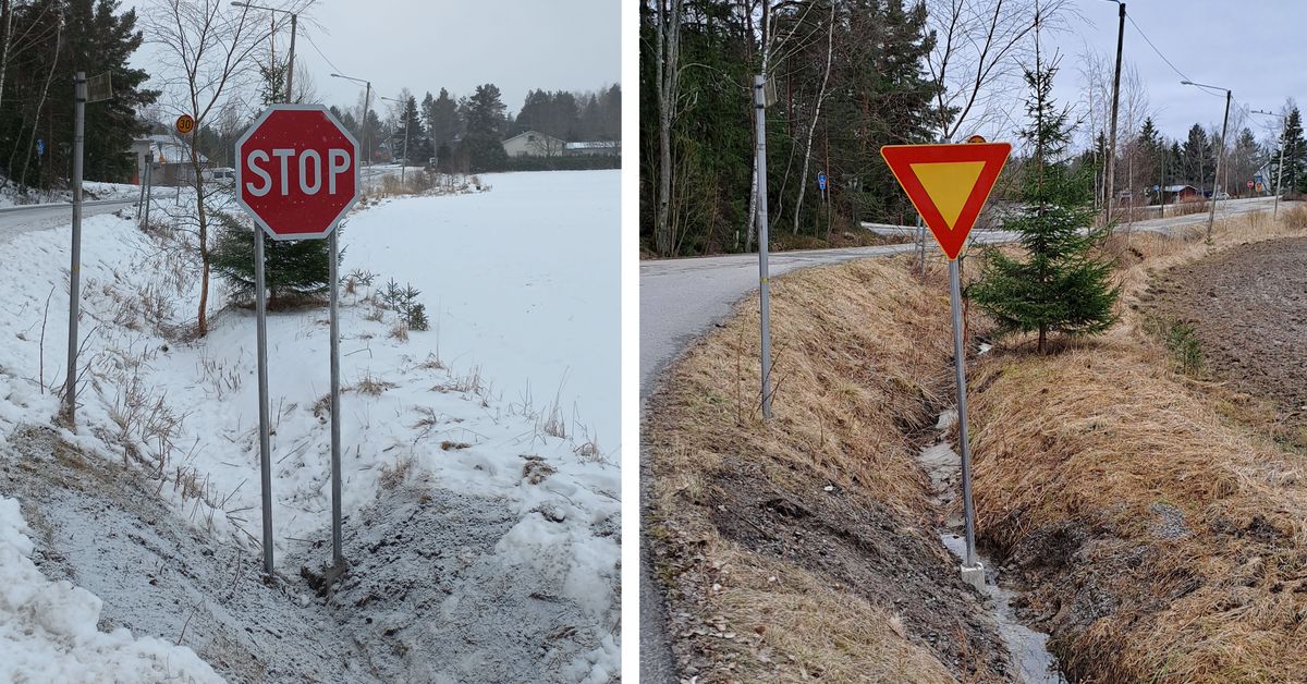 Kummallinen liikennemerkkisotku hämmentää Kaarinassa: stop-merkki ...