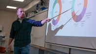 En person visar med en pekpinne på en cirkeldiagramprojicering på en duk i ett klassrum.
