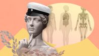 Ylioppilaslakki päässään pohtiva henkilö ja ihmisen anatomian havainnekuvat.