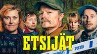 Etsijät-sarjan viisipäähahmoa katsoo vakavan näköisenä kameraan. Taustalla on metsää ja hahmoilla päällään ulkoiluun sopivat vaatteet. Etualalla kulkee poliisin eristysnauha.
