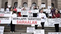 Mielenosoittajia eduskuntatalon portailla.