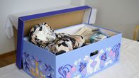 Light blue cardboard box decorated with illustrations of bunnies, foxes and other animals, and filled with baby items.