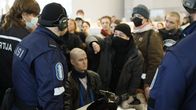 Police talking to the representatives of the Blue-Black movement at the Oodi Central Library in Helsinki.