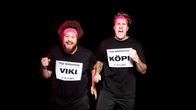 YleX Aamun Viki ja Köpi juoksemassa mustan taustan edessä pinkit hikipannat päässä