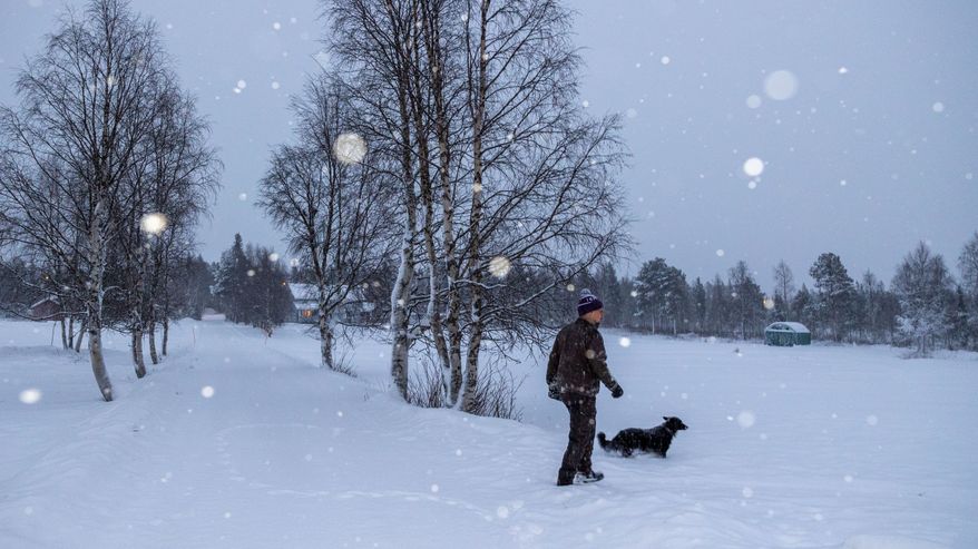 Lumista rauhaa: Henkilö ulkoiluttamassa koiraa talvisessa maisemassa, lumisateen keskellä.