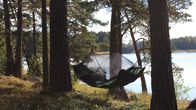 Riippumatto meren rannassa kahden männyn välissä