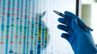 Tutkijan käsi osoittaa sekvensoidun DNA-näytteen kuvaa, joka on värikoodattu analyysin helpottamiseksi.