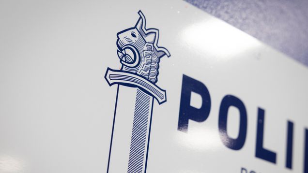 Närbild på Polisens logotyp med ett svärd och ett lejonhuvud, samt texten "polisen" intill.