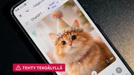 Puhelimen näytöllä on Chat GPT:n käyttöliittymä ja generoitu kuva kissasta suippokärkinen värikäs hattu päässään.