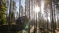 Pieni mökki puiden keskellä, jonka takaa paistaa aurinko.