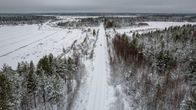 Luminen metsämaisema ilmasta kuvattuna.