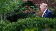 Donald Trump seisoo mikrofonin edessä ulkona vihreiden puiden keskellä.