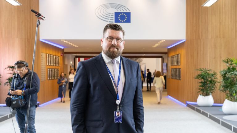 Finns Party MEP Sebastian Tynkkynen pictured in the European Parliament.