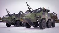 Kaksi panssaroitua sotilasajoneuvoa parkissa.