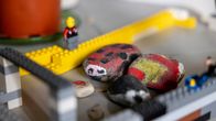 Kivestä maalattu leppäkerttu ja muita eläimiä legojen keskellä.