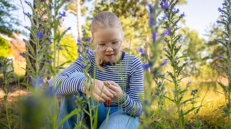 A blonde girl wearing glasses and a striped shirt crouches in a meadow looking at an insect on her finger.