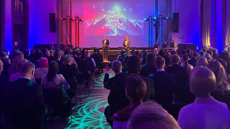 The Finnish Game Awards -tilaisuus käynnissä näyttävässä juhlasalissa.