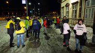 Strikers at a railroad station. 