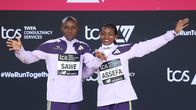 Sabastian Sawe ja Tigst Assefa Lontoon maratonin jälkeen.