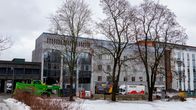 Vanhoja puita Kirkkopuiston laidalla Jyväskylässä. Taustalla Valtiontalo.