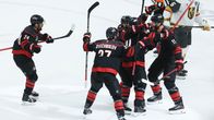 Carolina Hurricanesin pelaajat juhlivat Jordan Staalin 3–2-maalia.