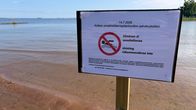 Rannalla puisessa tolpassa kyltti, jossa näkyy uimakieltoa osoittava symboli ja teksti: "Uiminen ei suositeltavaa".