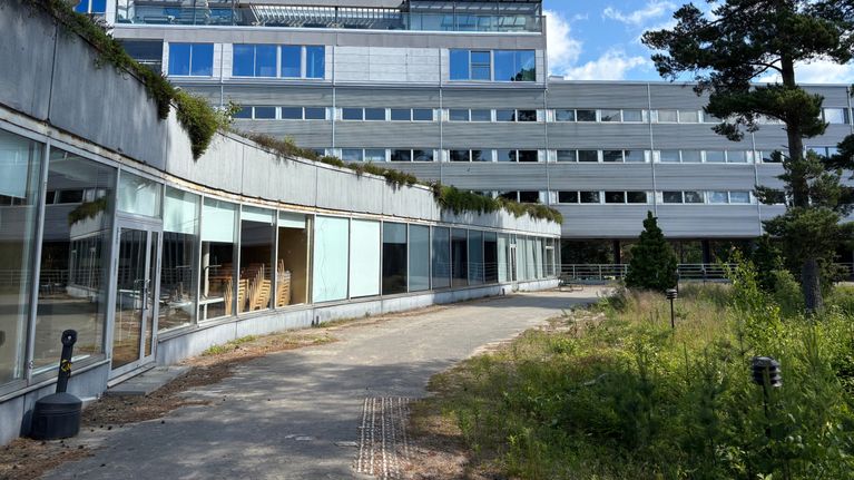 Tyhjillään oleva Yyterin kylpylähotelli kuvattuna ulkoa. Ikkunoita ja seinää. Kasvit rönsyävät.