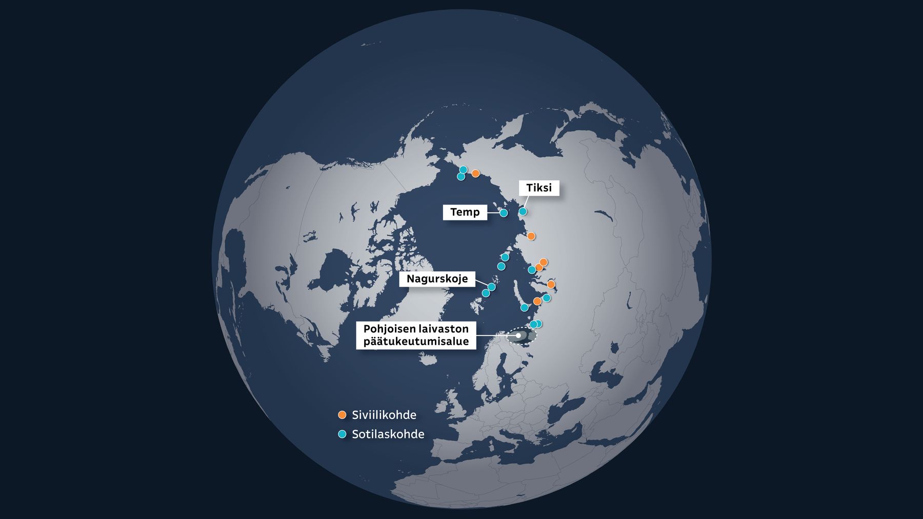 Kartalla venäjän sotilas- ja siviilikohteita Pohjoisella Jäämerellä.