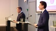 Puolustusministeri Antti Häkkänen ja Turvallisuuskomitean puheenjohtaja Esa Pulkkinen pitämässä tiedotustilaisuutta Valtioneuvoston linnassa.