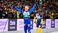 Tero Seppälä jublar vid målgång.