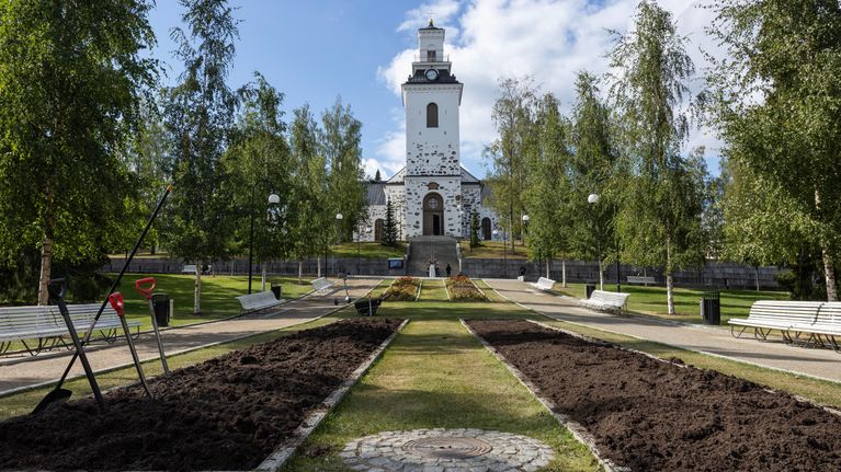 Snellmaninpuisto ja tuomiokirkko.