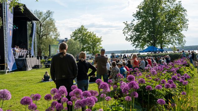 En publik sitter och står på en gräsmatta framför en utomhusscen med ett blomsterfält i förgrunden.