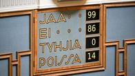 Eduskunnan äänestystaululla näkyvät äänestystulokset: 99 jaa, 86 ei, 0 tyhjää ja 14 poissa.