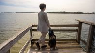 En person står tillsammans med en hund på en brygga vid vatten.
