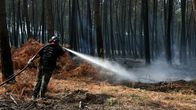 Henkilö sammuttaa metsäpaloa letkulla havupuiden keskellä. Maassa näkyy savua ja palaneita alueita.