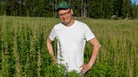En person står i en fält med gröna växter, iklädd vit T-shirt och grön keps, omgiven av hög vegetation.