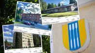 Kolme Etuovi.com myynti-ilmoitusta Ikaalisissa sijaitsevista rakennuksista. Taustalla Ikaalisten vaakuna.