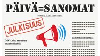 Graafisesti tehty lehti, jossa otsikoita mv-lehteen liittyen.