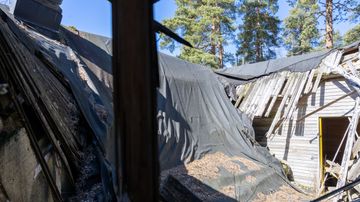 En byggnad med delvis raserat tak och trasiga väggar omges av träd.