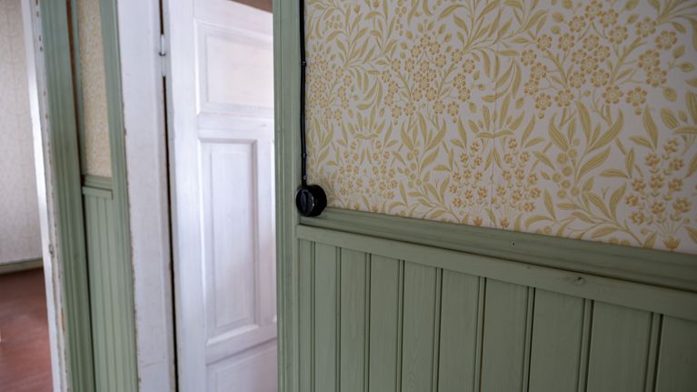 Grön gammaldags panel, blommig tapet i gammaldags stil. 
