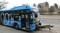 Photo shows a bus after it crashed into a tree.