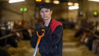 Ari Nortunen nojaa lapioon ja katsoo kameraan navetan käytävällä.