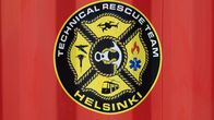 Pelastuslaitoksen "Technical rescue team" logo kontin kyljessä. 