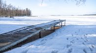Talvinen maisema, jossa on lumen peittämä metsä ja ranta. Keskellä kuvaa näkyy laituri, joka on kuivan maan päällä.