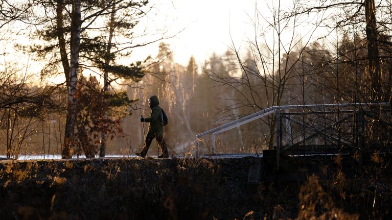 Henkilö sauvakävelee ulkona.