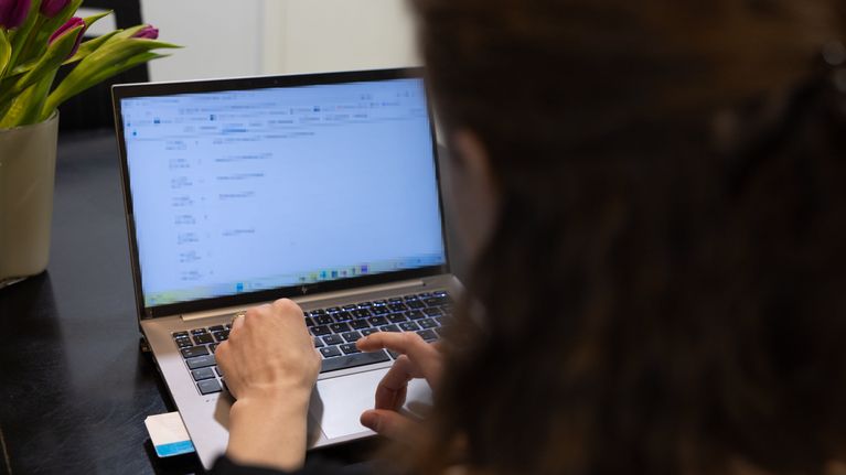 Nainen työskentelee kannettavalla tietokoneella pöydän ääressä, pöydällä on myös maljakossa olevia tulppaaneja.
