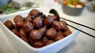 Meatballs in a dish.
